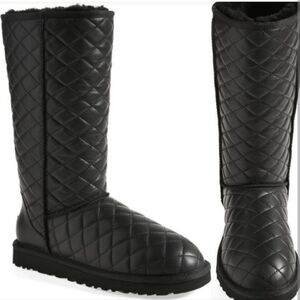 UGG Diamond Quilted Tall Black Leather Shearling Winter Boots